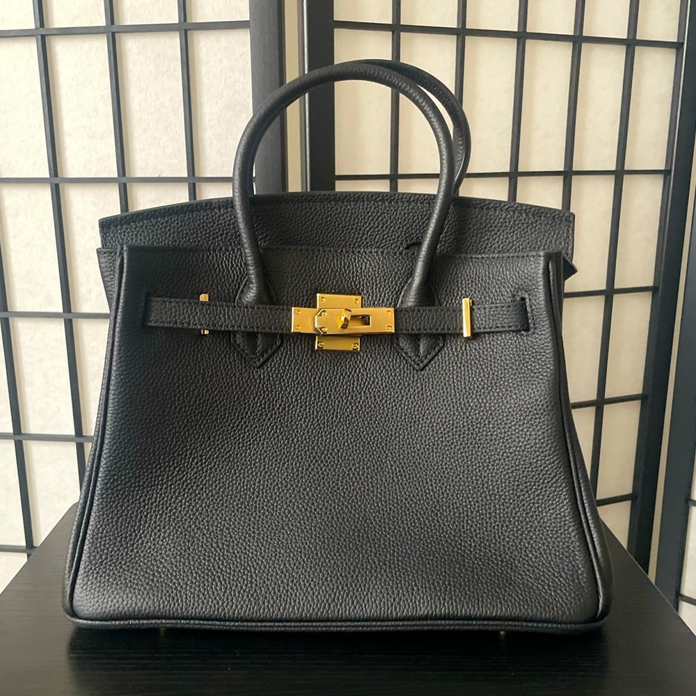 “Birkin” Black Leather Handbag